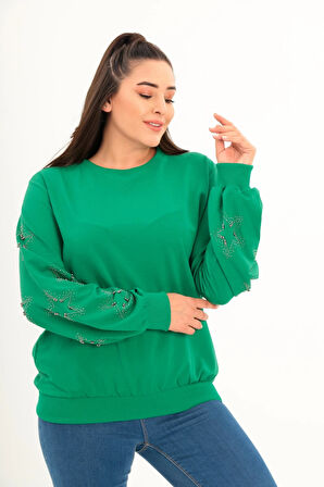 Kolları Yıldız Taş Baskılı Sweatshirt