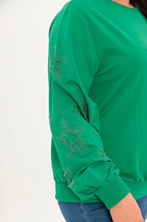 Kolları Yıldız Taş Baskılı Sweatshirt