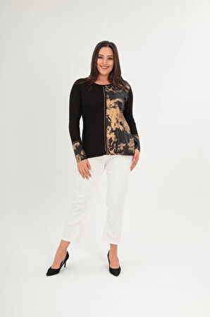 Desenli Parçalı Taş Baskılı Bluz