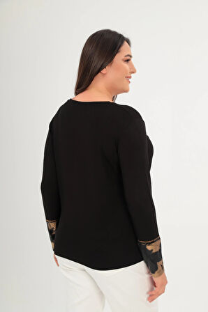 Desenli Parçalı Taş Baskılı Bluz