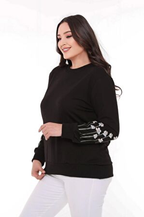 Kolları Çiçek Nakışlı Sweattshirt