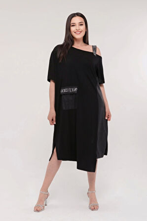 Tek Askılı Eteği Suni Deri Detaylı Elbise