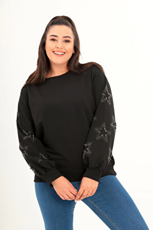 Kolları Yıldız Taş Baskılı Sweatshirt