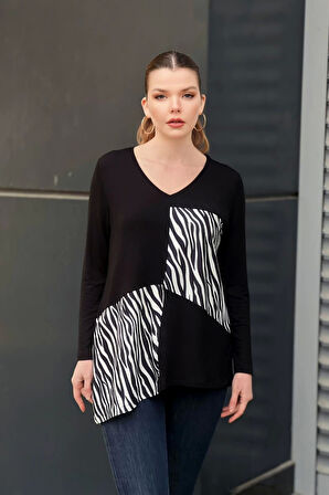 Blok Parçalı Zebra Desenli Bluz