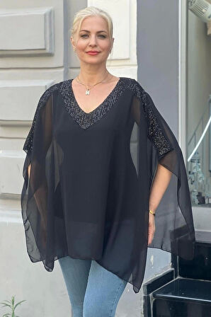 Yakası ve Omuzları Pullu Şifon Pelerin Bluz