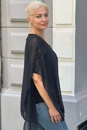 Yakası ve Omuzları Pullu Şifon Pelerin Bluz