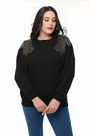 Omuzları Kanat Taş Baskılı Sweatshirt