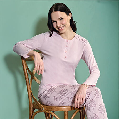 Over Sleep 1802 Kadın Uzun Kol Viskon Pijama Takım
