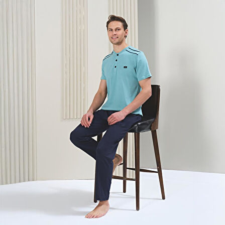 Over Sleep 1711 Erkek Kısa Kol Uzun Alt Yazlık Pijama Takım