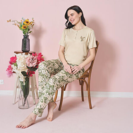 Over Sleep 1827 Kadın Kısa Kol Viskon Yazlık Pijama Takım