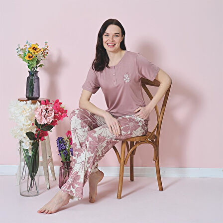 Over Sleep 1838 Kadın Uzun Kol Viskon Büyük Beden Pijama Takım