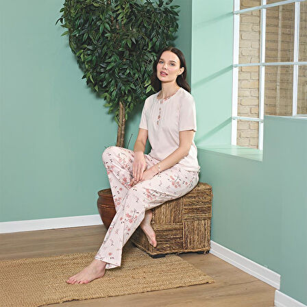 Over Sleep 1816 Kadın Kısa Kol Uzun Alt Yazlık Pijama Takım