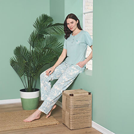 Over Sleep 1859 Kadın Kısa Kol Uzun Alt Yazlık Modal Pijama Takım