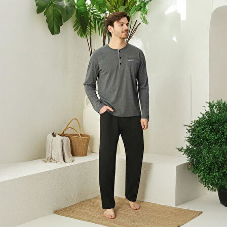 Elitepoint 1555 Erkek Yazlık Büyük Beden Uzun Kol Uzun Alt Pijama Takımı