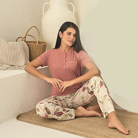 Rozalinda 3530 Kadın Yazlık Kısa Kol Uzun Alt Büyük Beden Pijama Takım