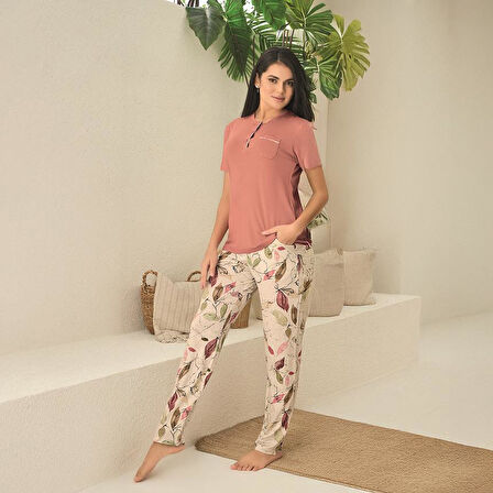 Rozalinda 3530 Kadın Yazlık Kısa Kol Uzun Alt Büyük Beden Pijama Takım