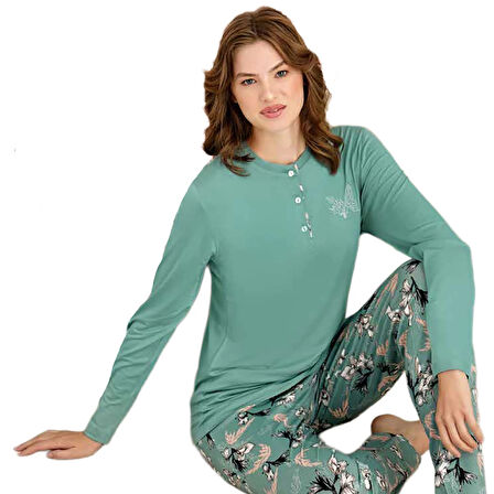 Rozalinda 3923 Kadın Kışlık Ön Üç Düğmeli O-Yaka Büyük Beden Pijama Takım