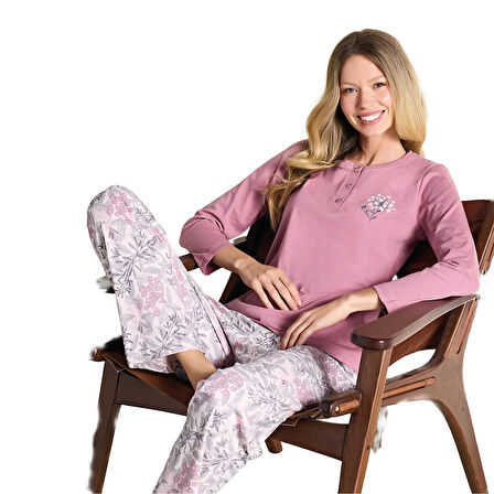 Over Sleep 3112 Kadın Büyük Beden Ön Üç Düğme Kışlık Pijama Takımı