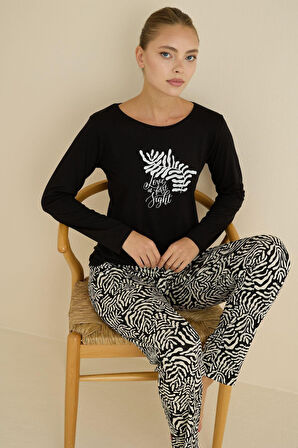Kadın Desenli Bisiklet Yaka Düğmesiz Mevsimlik Likra Viskon Uzun Kol Pijama Takımı