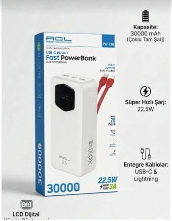 PW-138 30000 mAh 22.5W Hızlı Şarj Powerbank (Kendinden Kablolu Type-C & Lightning / LCD Göstergeli / 3A)