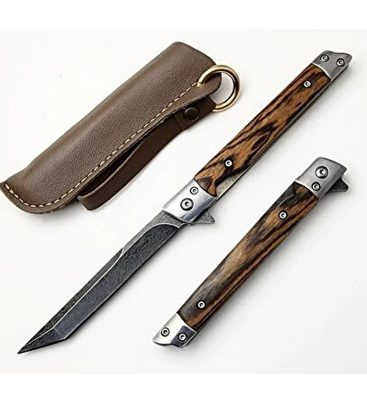 Kamp ve Outdoor Kullanıma Uygun Damascus İşlemeli Katlanır Çakı – Doğal Ağaç Saplı El Yapımı Bıçak