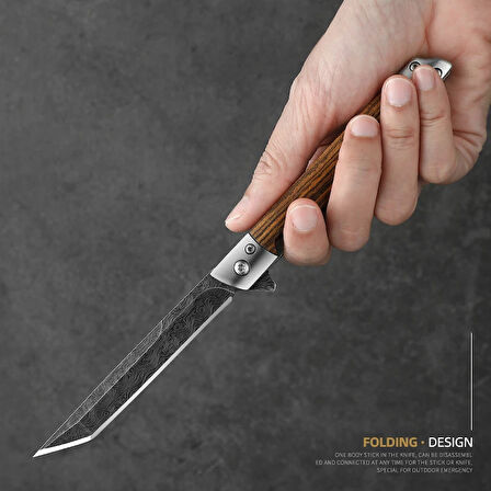 Kamp ve Outdoor Kullanıma Uygun Damascus İşlemeli Katlanır Çakı – Doğal Ağaç Saplı El Yapımı Bıçak