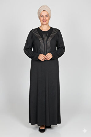 Hesna Kadın Elvan Kışlık Büyük Beden Boydan Baskılı Siyah Elbise