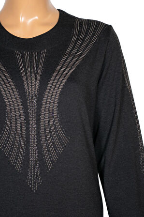 Hesna Kadın Elvan Kışlık Büyük Beden Boydan Baskılı Siyah Elbise