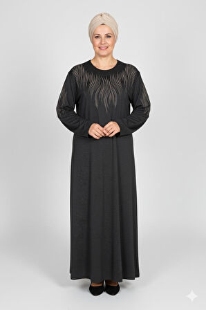 Hesna Kadın Ferda Kışlık Battal Beden Boydan Baskılı Siyah Elbise