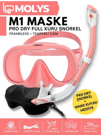 MOLYS M1 PROFESYONEL DALIŞ MASKESİ + MASKE KUTUSU + PRO FULL DRY TAM KURU ŞNORKEL + FREE DOM ANTI FOG BUĞU ÖNLEYİCİ FİLM