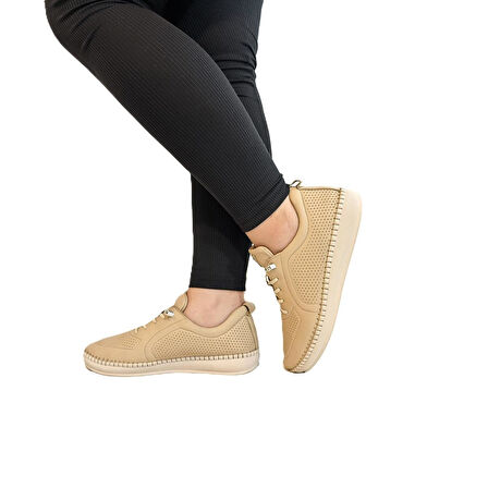 Voyager Z094 Bej Hakiki Deri Lazer İşlemeli Kadın Ayakkabı