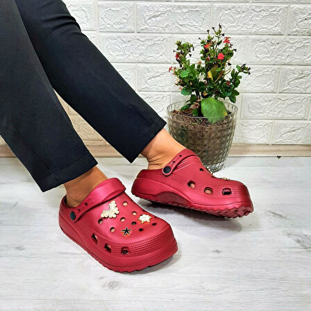 Sonimix 12901 Bordo Taşlı Kalın Tabanlı Kadın  Terlik