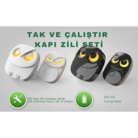 TechTic Lüx 1 Buton 1 Alıcı Kablosuz Kapı Zili Yaratıcı Baykuş Şekilli Işıklı Uzun Mesafeli(300 Metre) Ev Ofis Depo(Beyaz)