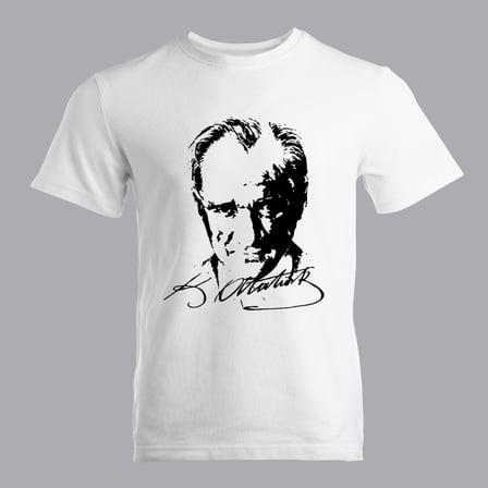 Atatürk Portreli ve İmzalı Beyaz Tişört - Özel Tasarım Atatürk Tişörtü