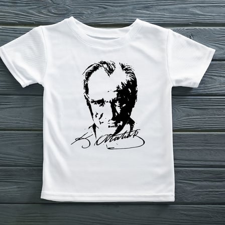 Atatürk Portreli ve İmzalı Beyaz Tişört - Özel Tasarım Atatürk Tişörtü