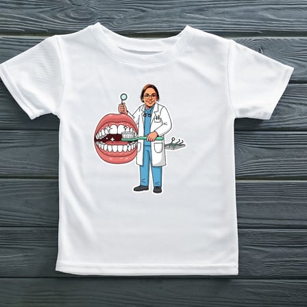 Kişiye Özel Fotoğraflı Diş Hekimi Karikatürlü Tişört - Dişçi Hediyesi