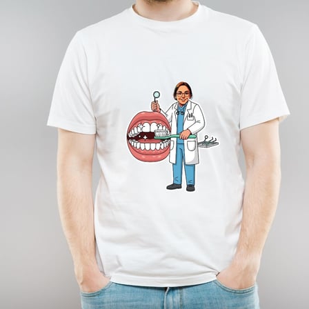 Kişiye Özel Fotoğraflı Diş Hekimi Karikatürlü Tişört - Dişçi Hediyesi