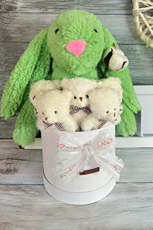 Özel Kutuda, Yeşil Jellycat Tavşan, 5 Beyaz Ayıcık – Pamuk Çiçeği Dokunuşlu, Özel Ayıcık Buketi