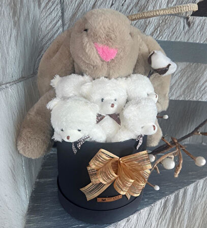Özel Kutuda, Boz Jellycat Tavşan, 5 Beyaz Ayıcık – Pamuk Çiçeği Dokunuşlu, Özel Ayıcık Buketi