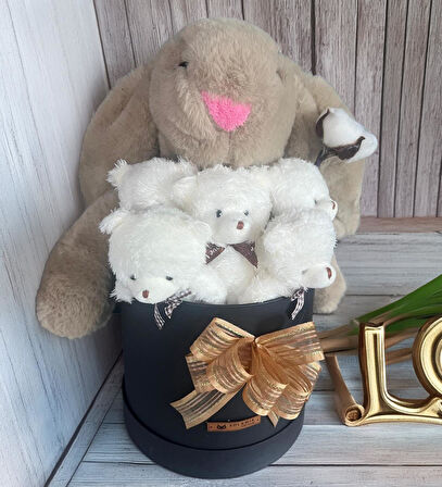 Özel Kutuda, Boz Jellycat Tavşan, 5 Beyaz Ayıcık – Pamuk Çiçeği Dokunuşlu, Özel Ayıcık Buketi