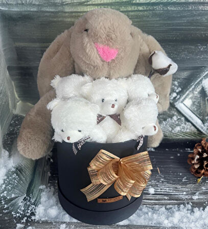 Özel Kutuda, Boz Jellycat Tavşan, 5 Beyaz Ayıcık – Pamuk Çiçeği Dokunuşlu, Özel Ayıcık Buketi