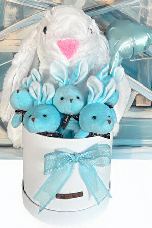Özel Kututusunda; 45 cm Beyaz Jellycat Tavşan, 5'li Tavşancıklar ve Folyo Kalp Balonlu SET-Ayıcık Buketi
