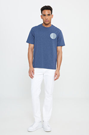 Erkek Indigo Modern Fit Bisiklet Yaka Pamuklu Kalın Dokulu Baskılı Tişört