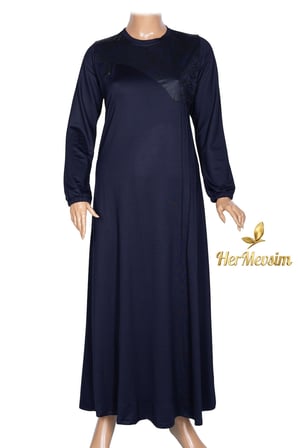 Missbah Kadın 2 iplik Kristal Kumaş Derili Nervürlü Lacivert Begüm Elbise