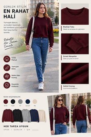 Kadın Crop Sweatshirt Bisiklet Yaka Pamuklu Yumuşak Dokulu Günlük Spor Sweatshirt