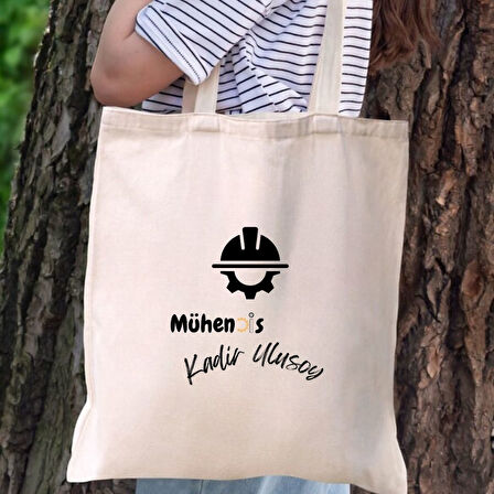 Kişiye Özel Mühendis Tasarımlı Bez Çanta – İsim Yazılabilir Hediyelik Omuz Çantası