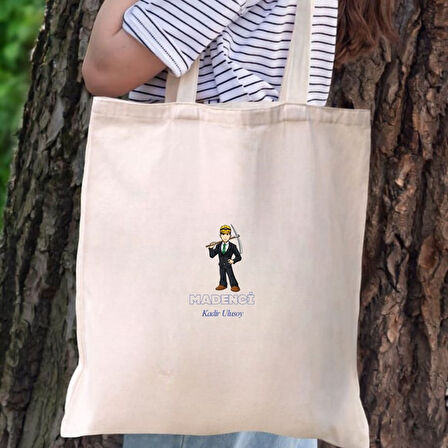 Kişiye Özel Madenci Tasarımlı Bez Çanta – İsim Yazılabilir Hediyelik Omuz Çantası