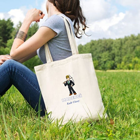 Kişiye Özel Madenci Tasarımlı Bez Çanta – İsim Yazılabilir Hediyelik Omuz Çantası