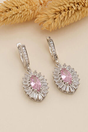 Kadın Gümüş Küpe - Mekik Model Pembe Zirkon Taşlı Baget Süslemeli Rodyumlu Kadın Küpe