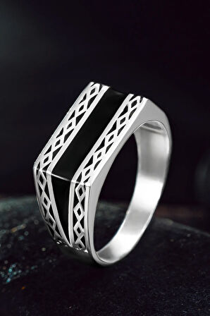 Erkek Gümüş Yüzük - Zincir Desenli Ortası Siyah Çizgili İnce Kibar Erkek Yüzük